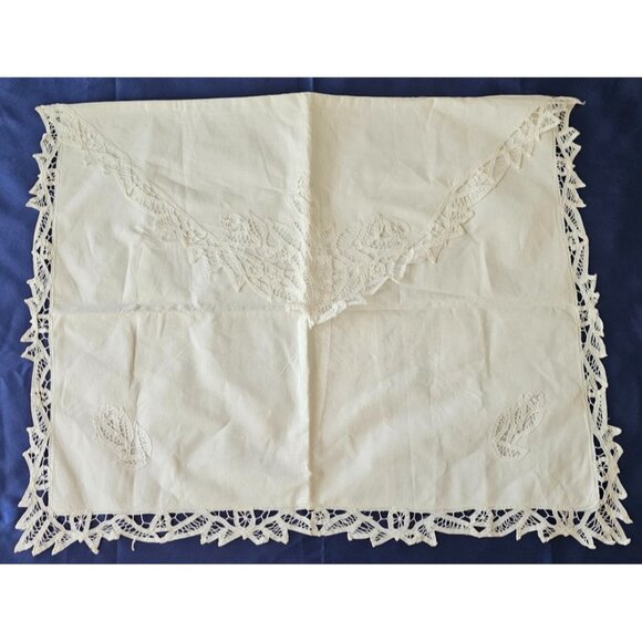 Pair of White Cutwork Embroidered Pillow Shams with Lace Trim 27" x 21" Envelope - Picture 4 of 9